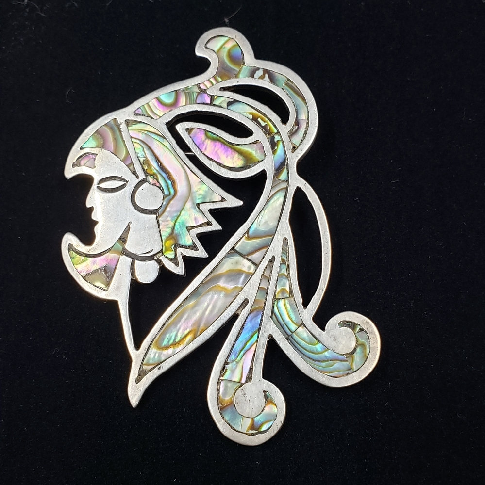Vintage TAXCO Mexico Sterling Abalone Headdress Brooch Pin Marked